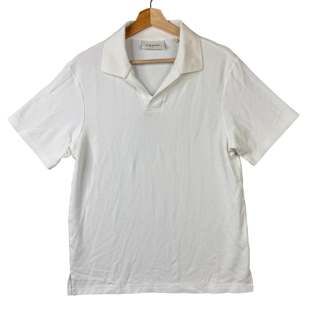 FRAME Mens White Pique Cotton Short‎ Sleeve Polo Shirt ME24JSH005 Size Small